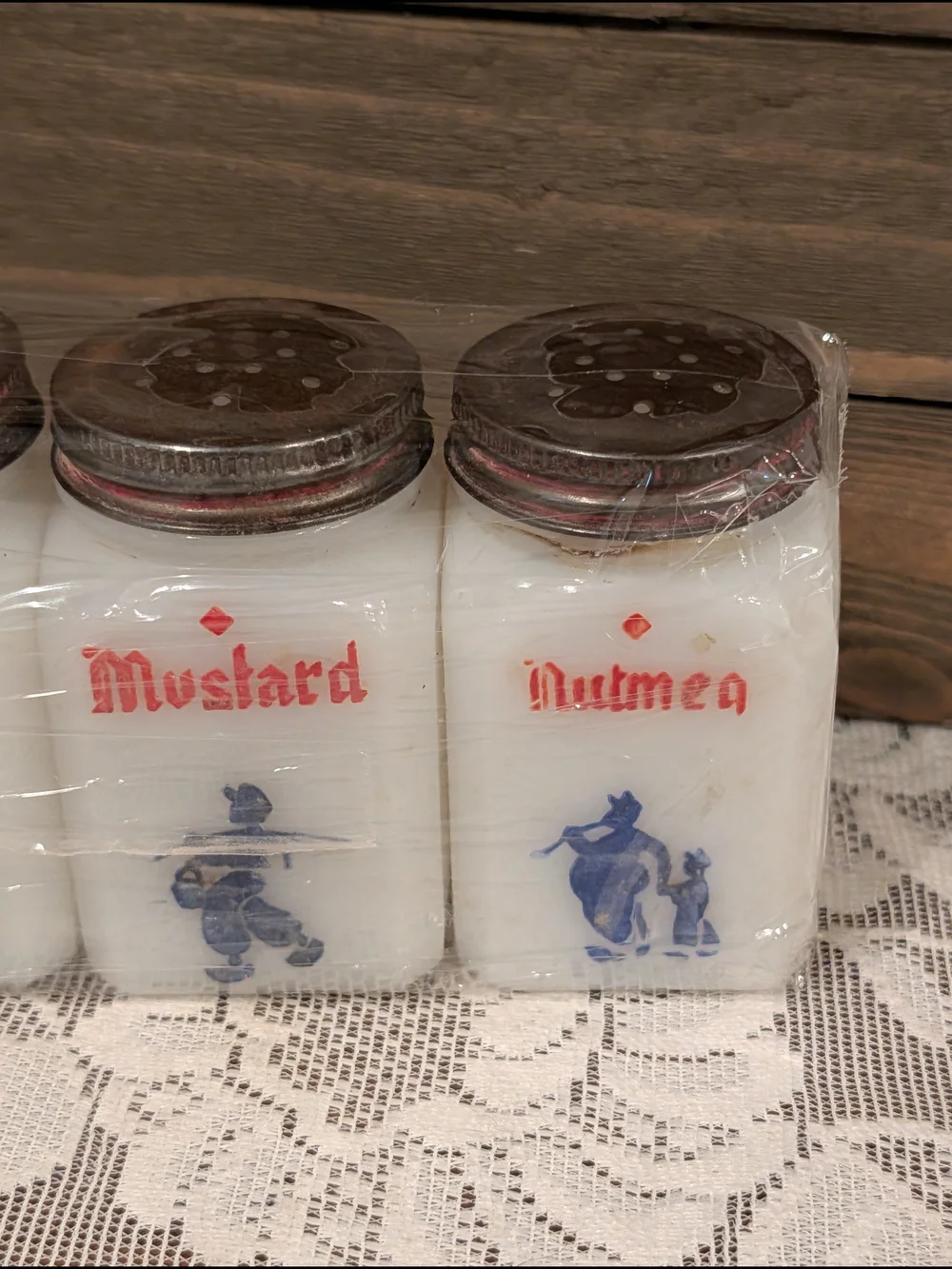Vintage White Glass Spice Jar Set with Dutch Pattern